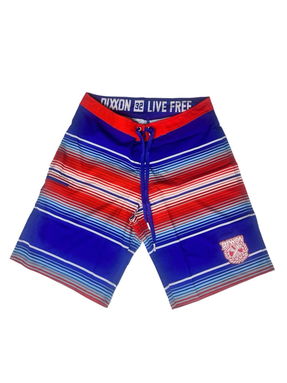 Dixxon Flannel Co. Serape Boardshorts in red, white, and blue.